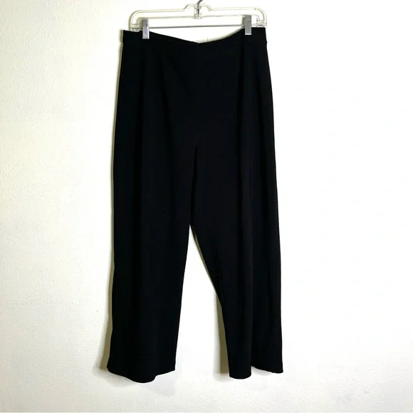 Coldwater Creek wide leg Black Trousers pants sz L petite pull on knit stretch - Picture 3 of 9